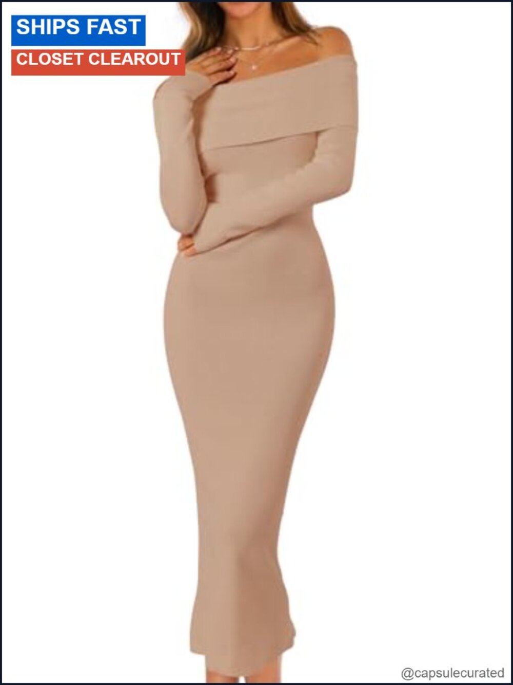 Off Shoulder Long Sleeve Bodycon Midi Sweater Dress Ribbed Knit